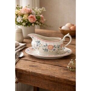 Churchill Briar Rose Gravy Boat with Handle and Underplate Made in England